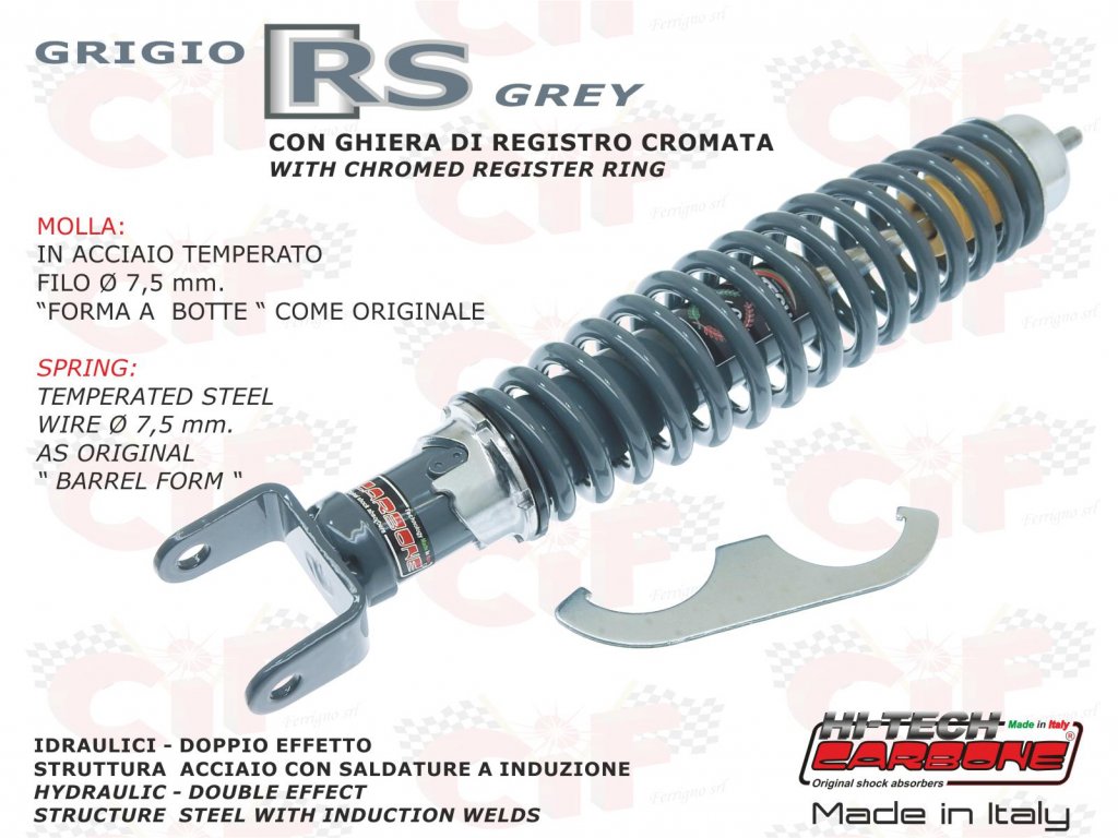 Amortiguador trasero versión deportiva ajustable GRIS RS para Vespa 50/90/125/150/160/180/200 NLR-Special-Primavera- GT-GTR-Sprint-Rally-PX-PE 