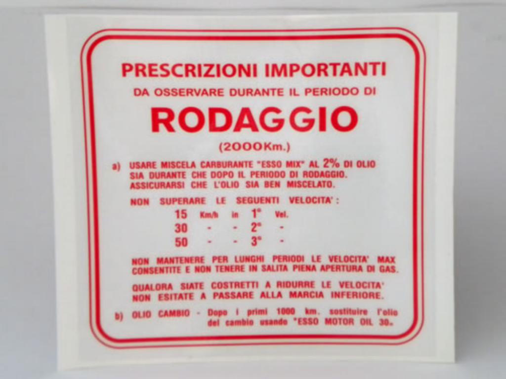 Adhesivo indicaciones de Rodaje, mezcla al 2%, 3 velocidades color rojo. 
