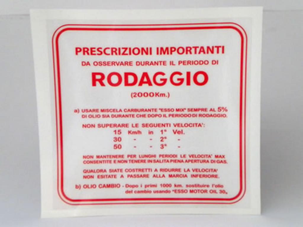 Adhesivo indicaciones de Rodaje, mezcla al 5%, 3 velocidades color rojo. 